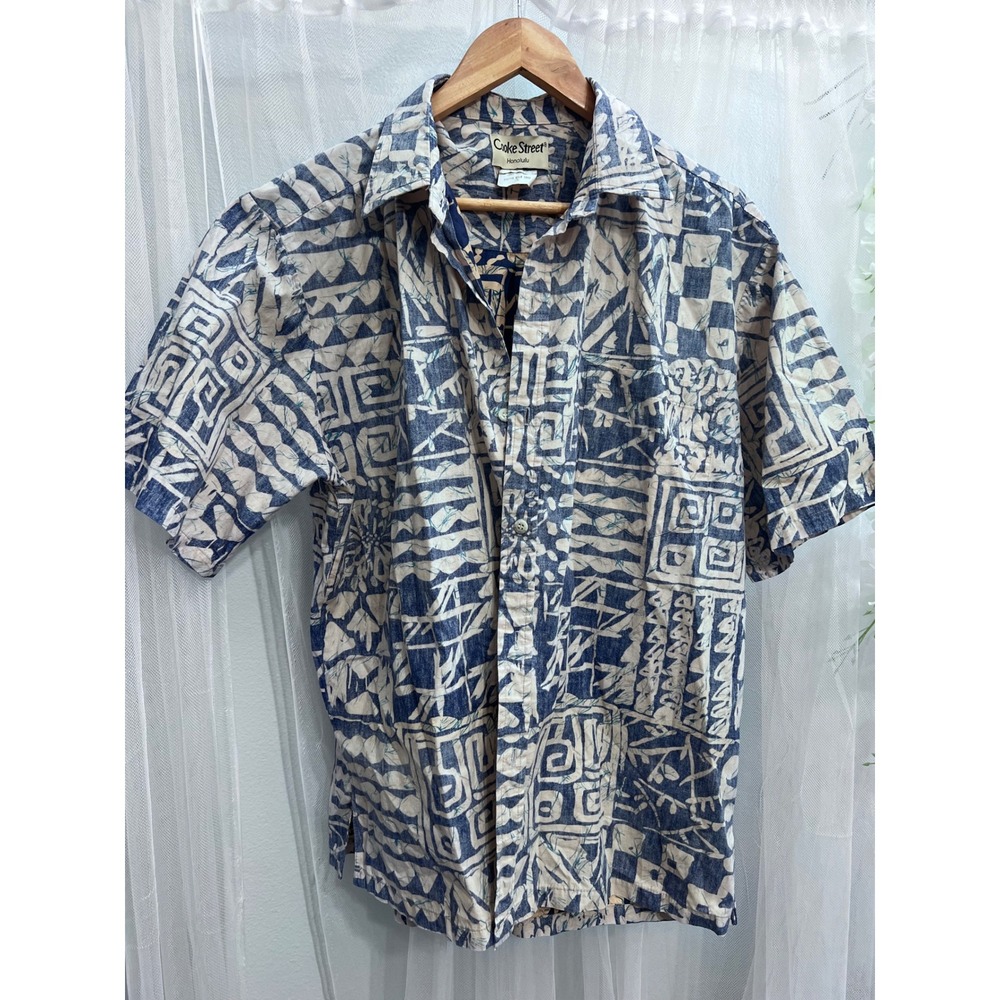 Cooke Street Honolulu Mens Large Blue Cream Batik Floral Cotton Hawaiian Shirt